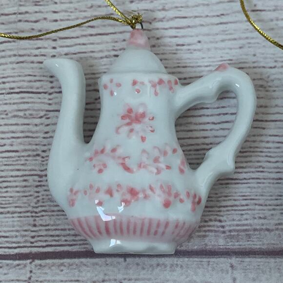 White and Pink Floral Porcelain Teapot Ornament Set of 2 - Picture 4 of 12